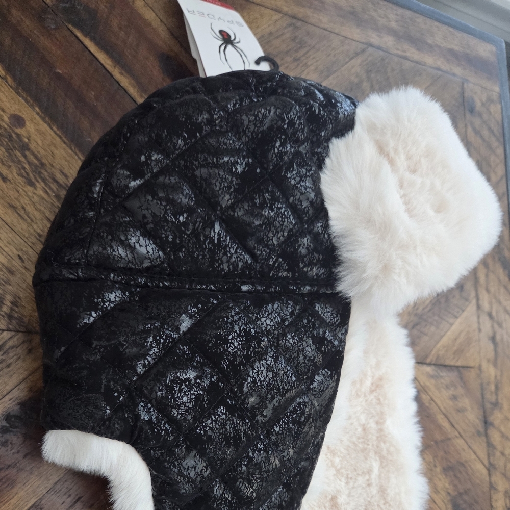 Spyder Women's Quilted Black and White Faux Fur Trapper Style Winter Hat - Picture 3 of 11